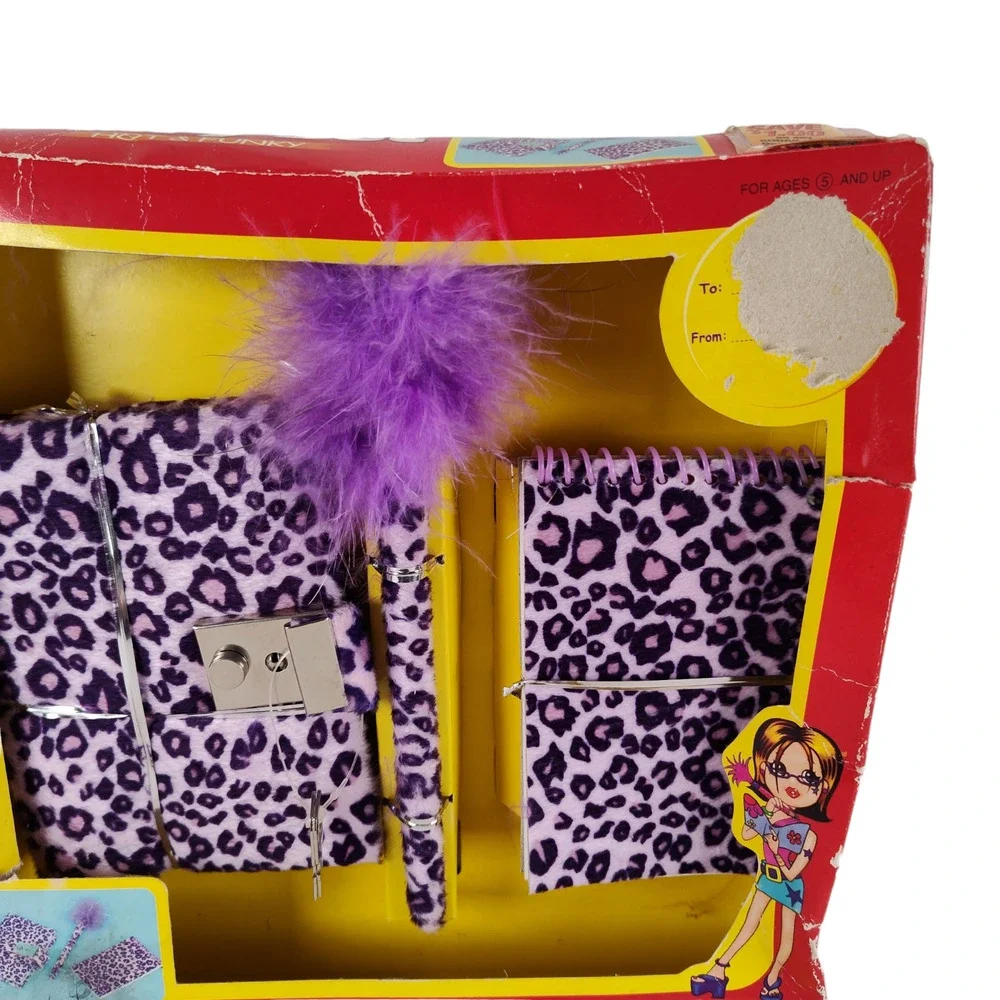Furry Diary 3pc Set Vintage 90s Purple Animal Print Faux Fur Boa Pen
